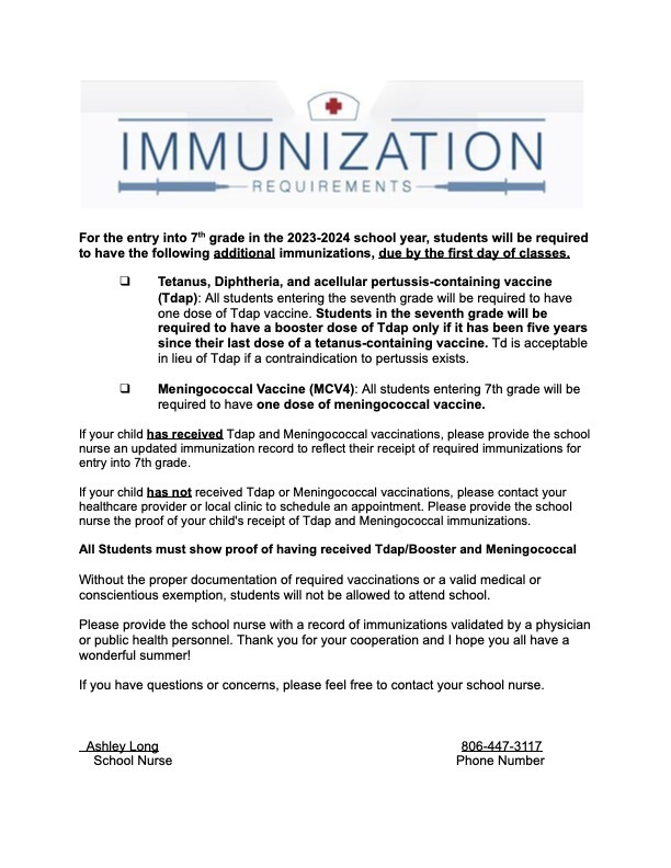7th grade immunization information. All the information can be found below.